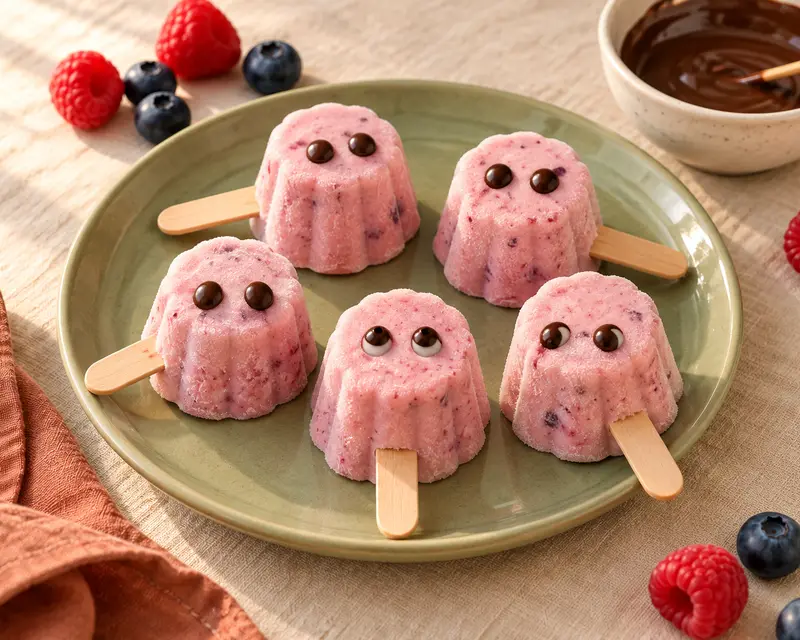 Pink berry yogurt pops with chocolate-dot eyes, like little ghosts