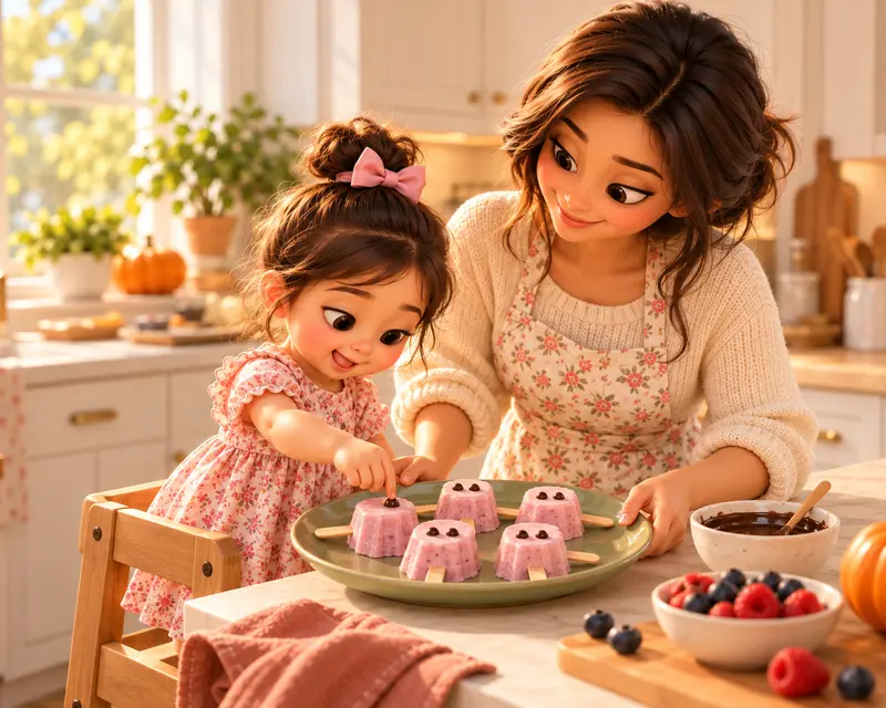 Anaika dots chocolate eyes onto yogurt pops while Bhagyashree holds the plate