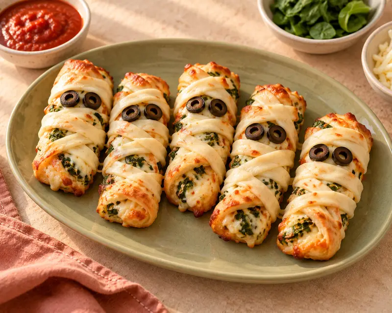 Pizza scrolls wrapped in cheese strips like mummies, with olive eyes