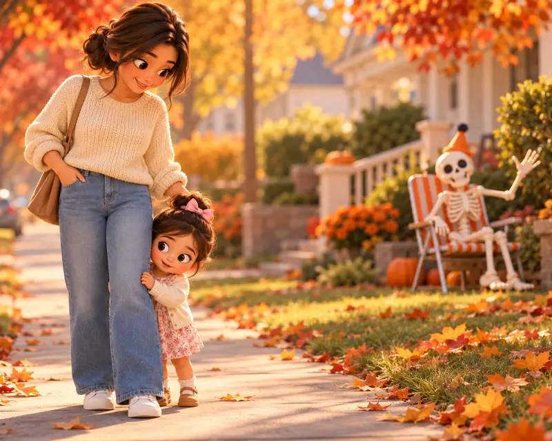 Anaika peeks from behind Bhagyashree's legs at a goofy skeleton decoration in a lawn chair