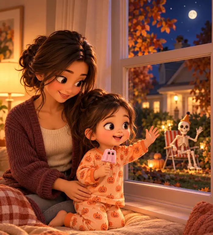 Anaika in pumpkin pyjamas waves through the window at the skeleton decoration, which waves back