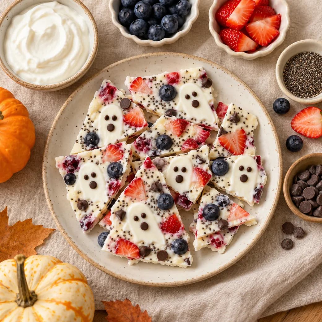 Berry Ghost Yogurt Bark on a plate